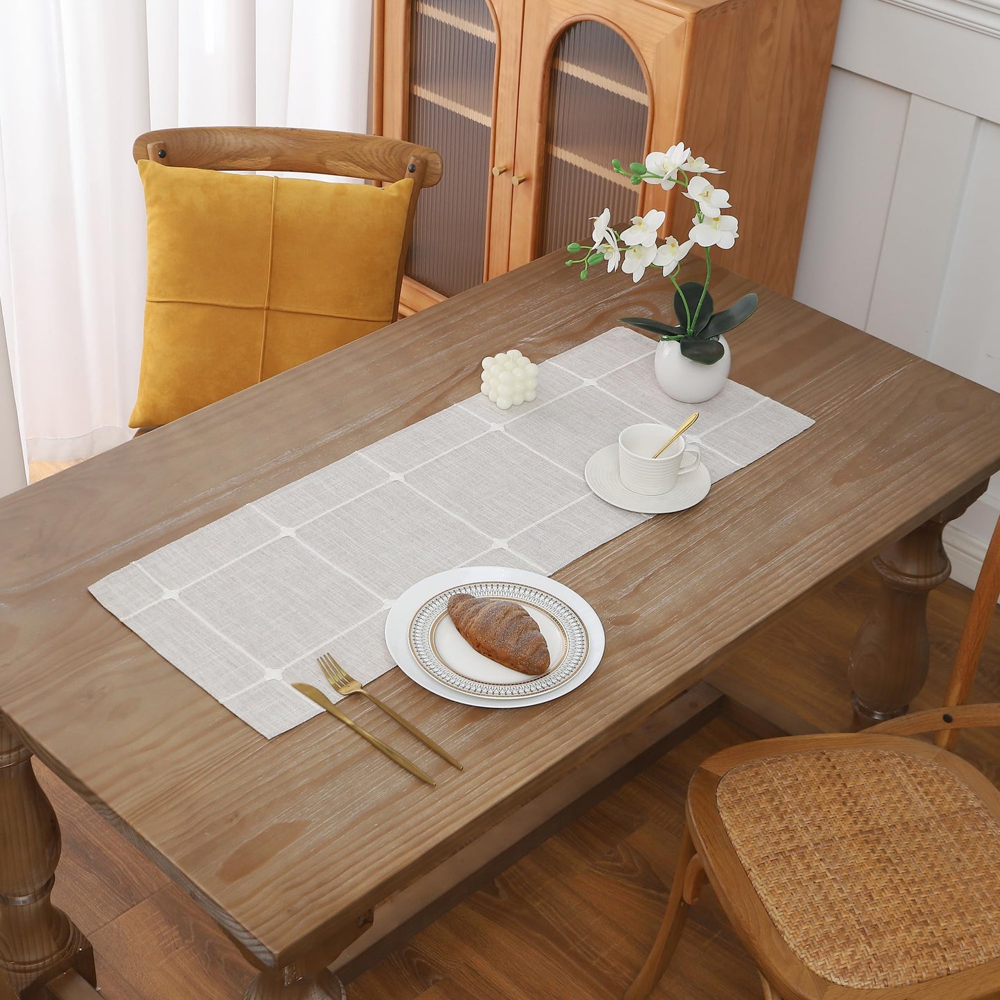 Gernaice Boho Table Runner, Modern Plaid Cotton Linen Farmhouse Table Runners for Dresser End Coffee Table Home Decor, 24" L X 13" W Brown