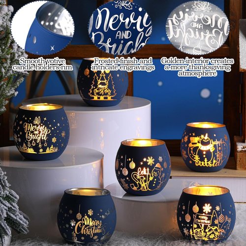 Jingmore Votive Candle Holders - 6 Pcs Glass Set with Laser Engraving Patterns for Party Decor | Navy