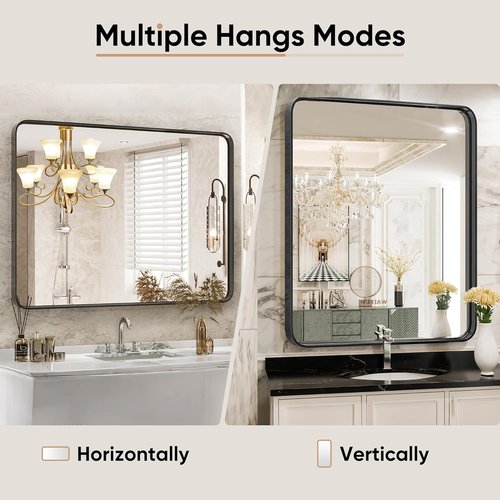 DUMOS Black Metal Framed Bathroom Mirror - 36x24 Inch Rounded Rectangle Design | Modern Matte Finish for Versatile Hanging