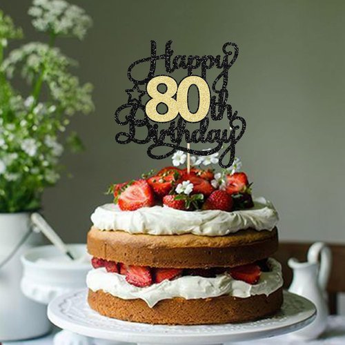 Happy 80th Birthday Cake Topper by [Brand Name] - Black Gold Glitter Decoration for 80th Anniversary Celebration