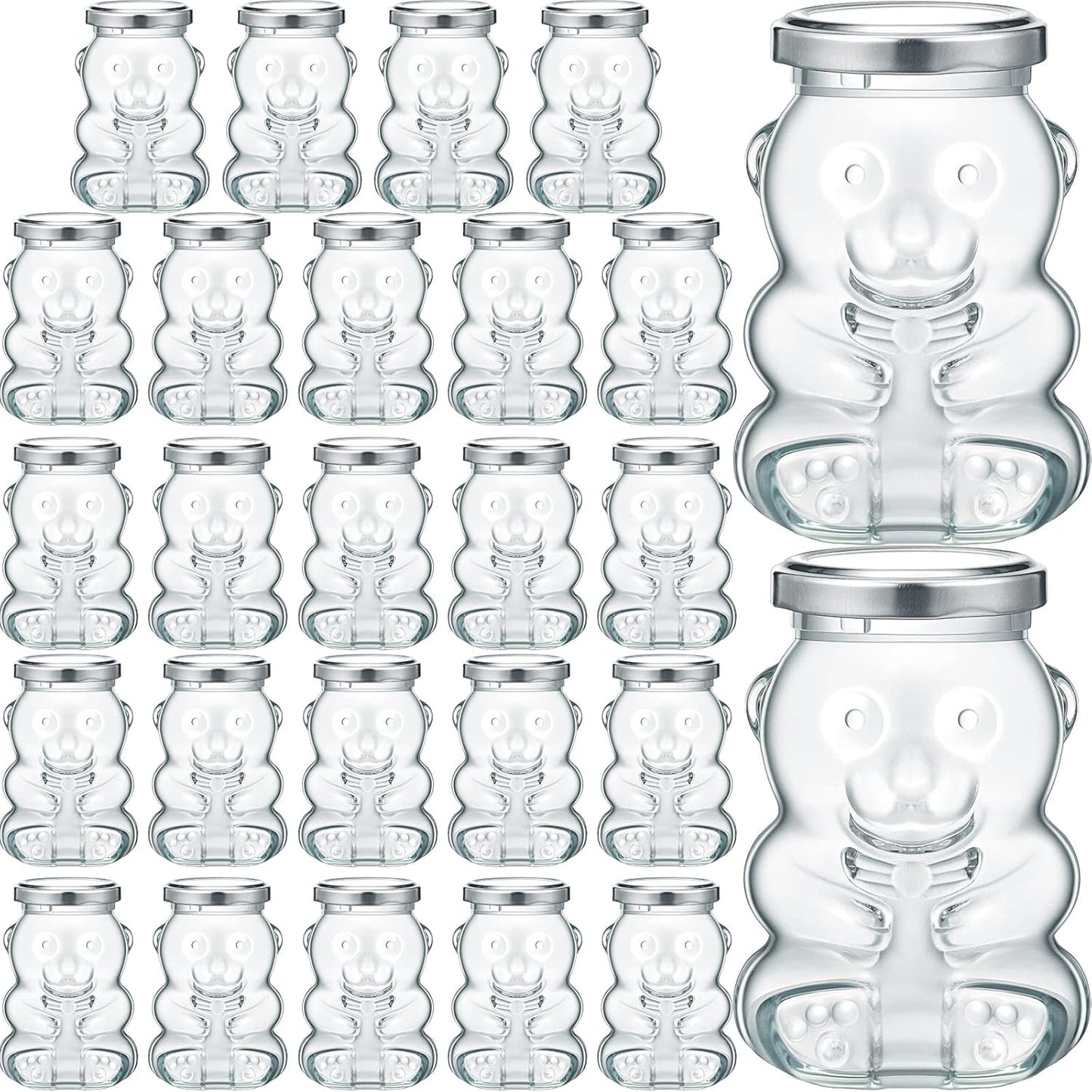 Patelai 24 Pack 6 oz Glass Honey Bear Jars with Silver Lids Reusable Small Honey Bear Shaped Glass Bottles Containers Dispenser for Candies, Birthday Wedding Party Favors