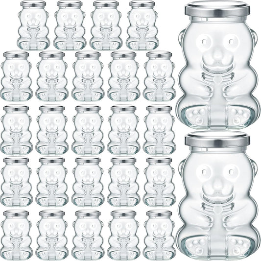 Patelai 24 Pack 6 oz Glass Honey Bear Jars with Silver Lids Reusable Small Honey Bear Shaped Glass Bottles Containers Dispenser for Candies, Birthday Wedding Party Favors