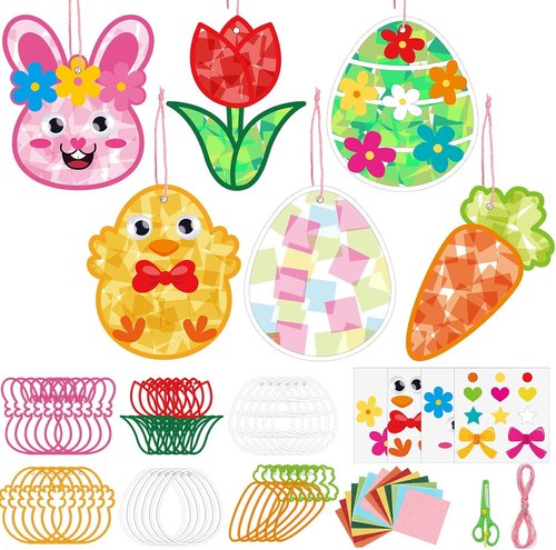 Feifeiya 24 Pack Easter Suncatcher Craft Kit - DIY Window Art for Bunny, Carrot & Egg Decorations
