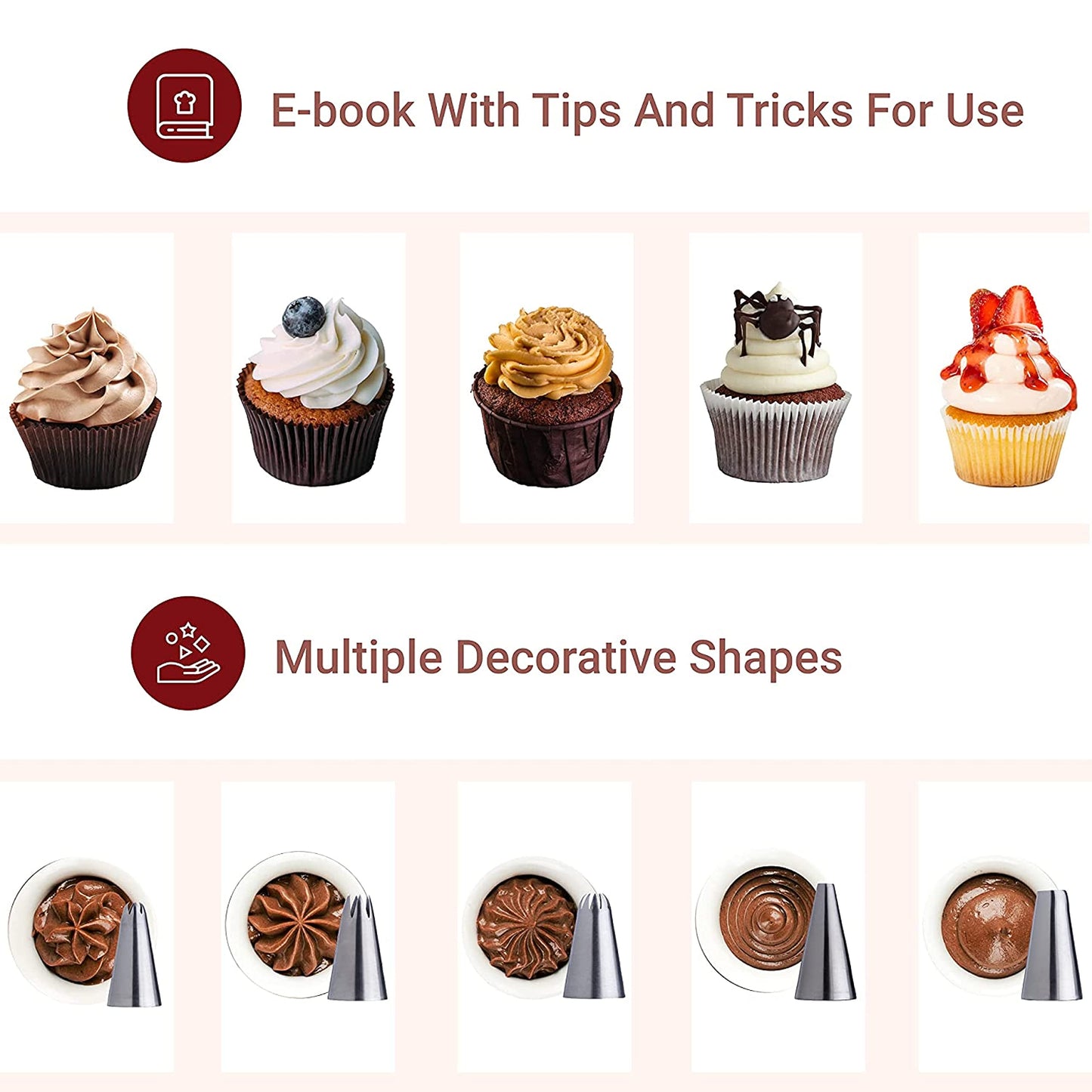 KITCHTIC Piping Bag Set - Large Reusable Cotton, Round Shape, 6 Pieces, Includes Nozzles, Adapter, Cleaning Brush & E-Book with Cake Decoration Tips