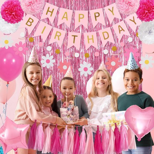 Happy Birthday Party Decorations Kit by Pink Red | Complete Set with Banner, Balloons, Pompoms & More