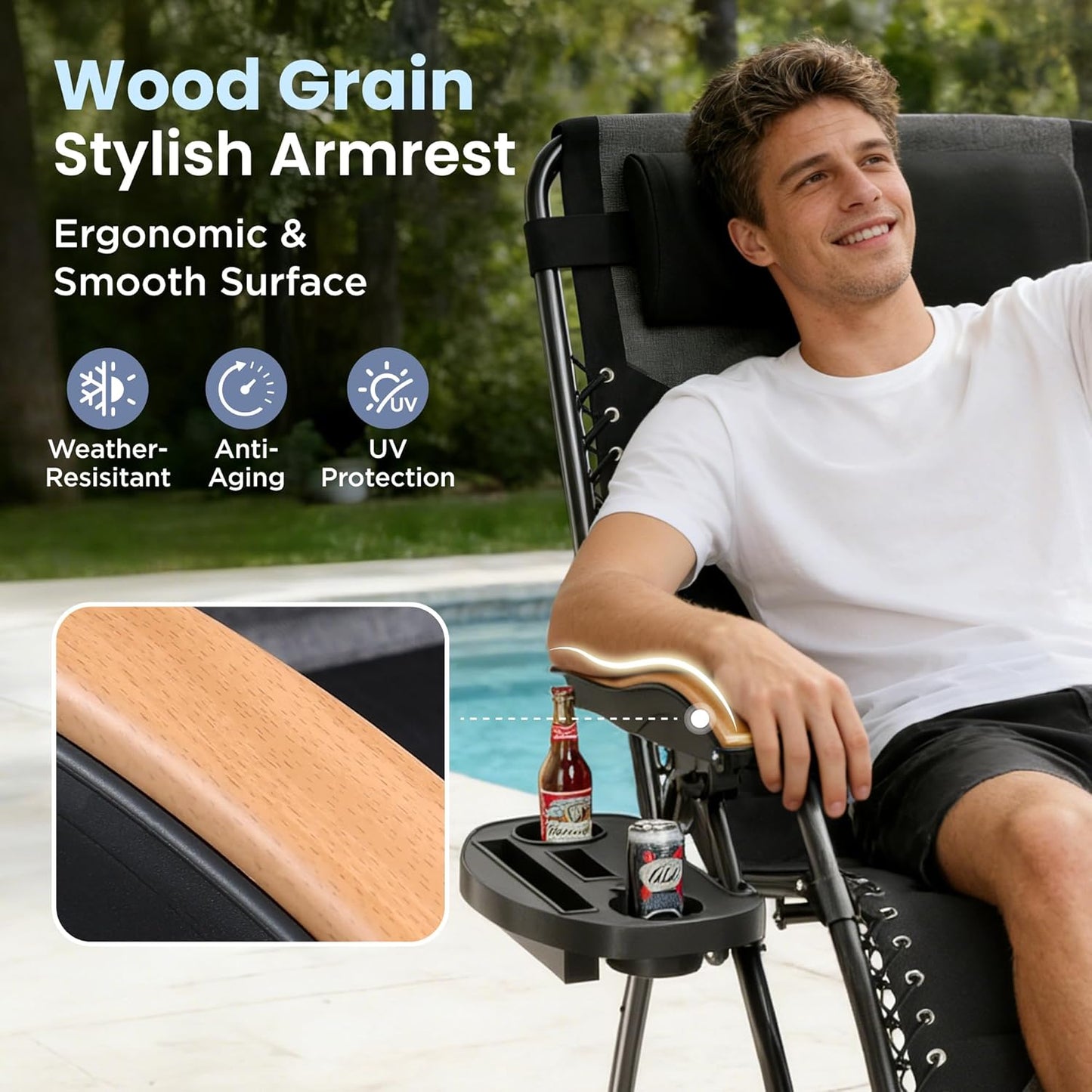 PHI VILLA XXL Oversized Padded Zero Gravity Chair - Foldable Patio Recliner with Cup Holder | Supports 400 LBS (Black)