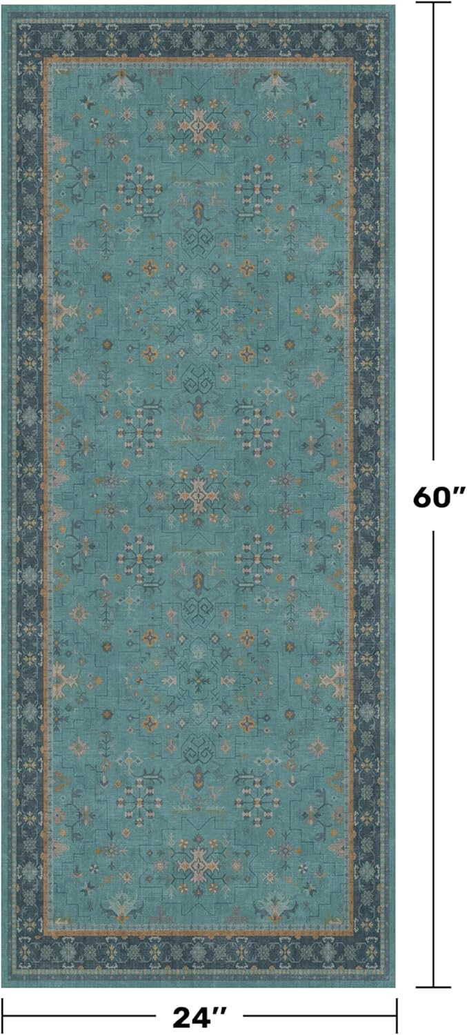 Teal Boho Kitchen Rug Runner | 2x5 Non-Slip, Washable Low Pile Soft Carpet for Bathroom & Entryway