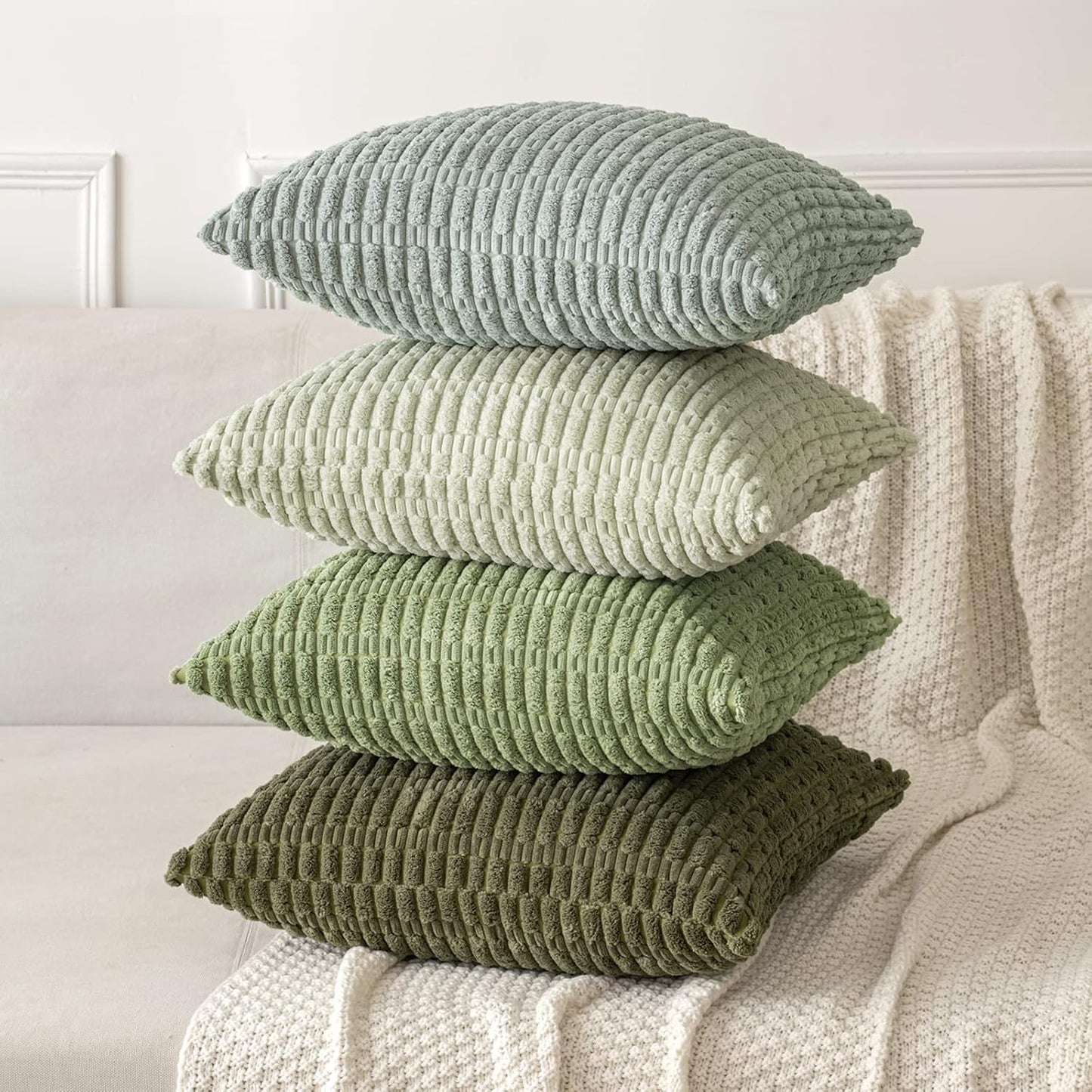 MIULEE Decorative Throw Pillow Covers - Pack of 2 Soft Boho Striped 20x20 Inch for Modern Farmhouse Decor - Olive Green