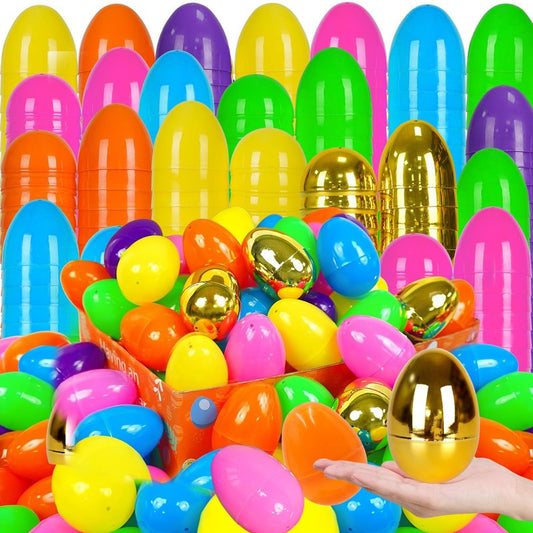 Sufuplay 200 PCS Easter Eggs，Plastic 3" Bright Colorful Eggs with Golden Eggs, Easter Egg Fillers for Easter Egg Hunt, Candy Filling, Party Decorations and Kids Gifts