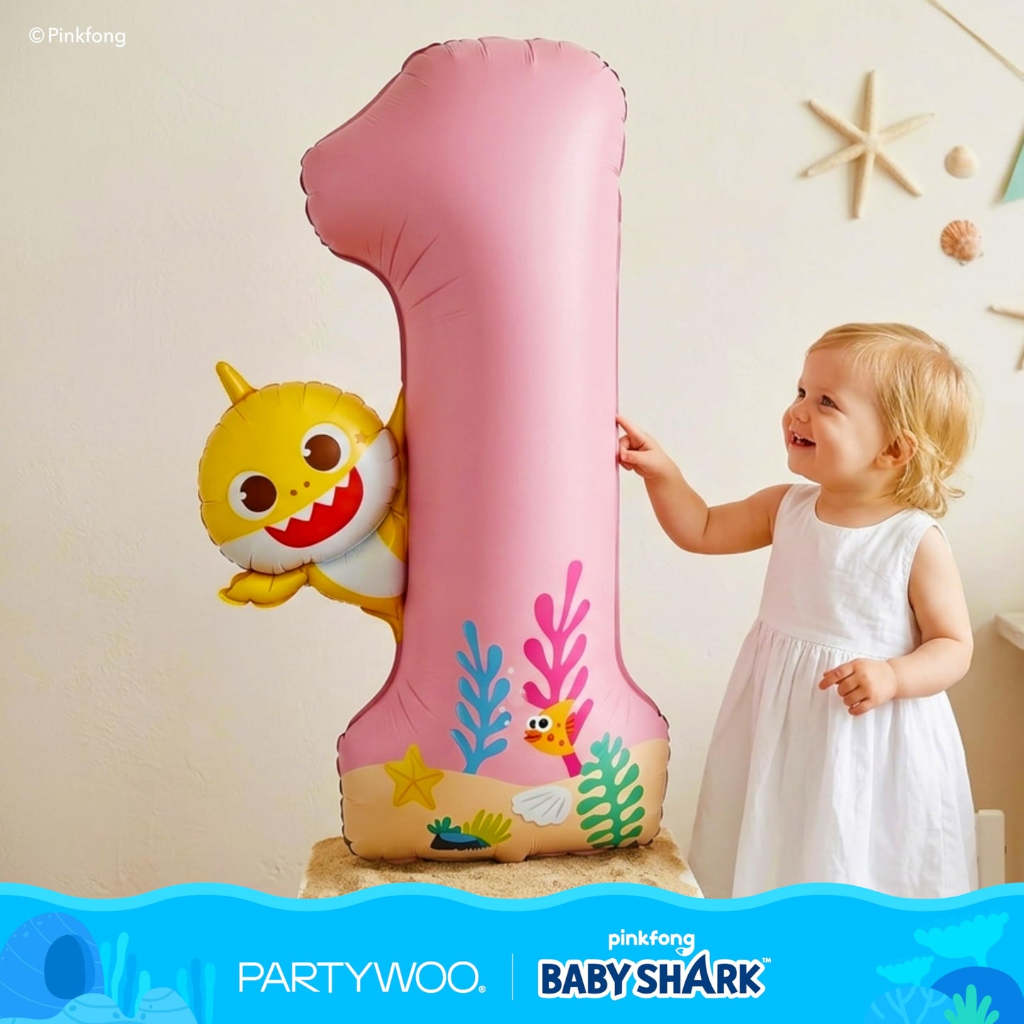 PartyWoo Baby Shark Pink Foil Number 1 Balloon 40 Inch Pink Mylar Helium Birthday Number Balloons for Girls and Boys Baby Shark Under the Sea Ocean Theme Kids First Birthday Party Decorations