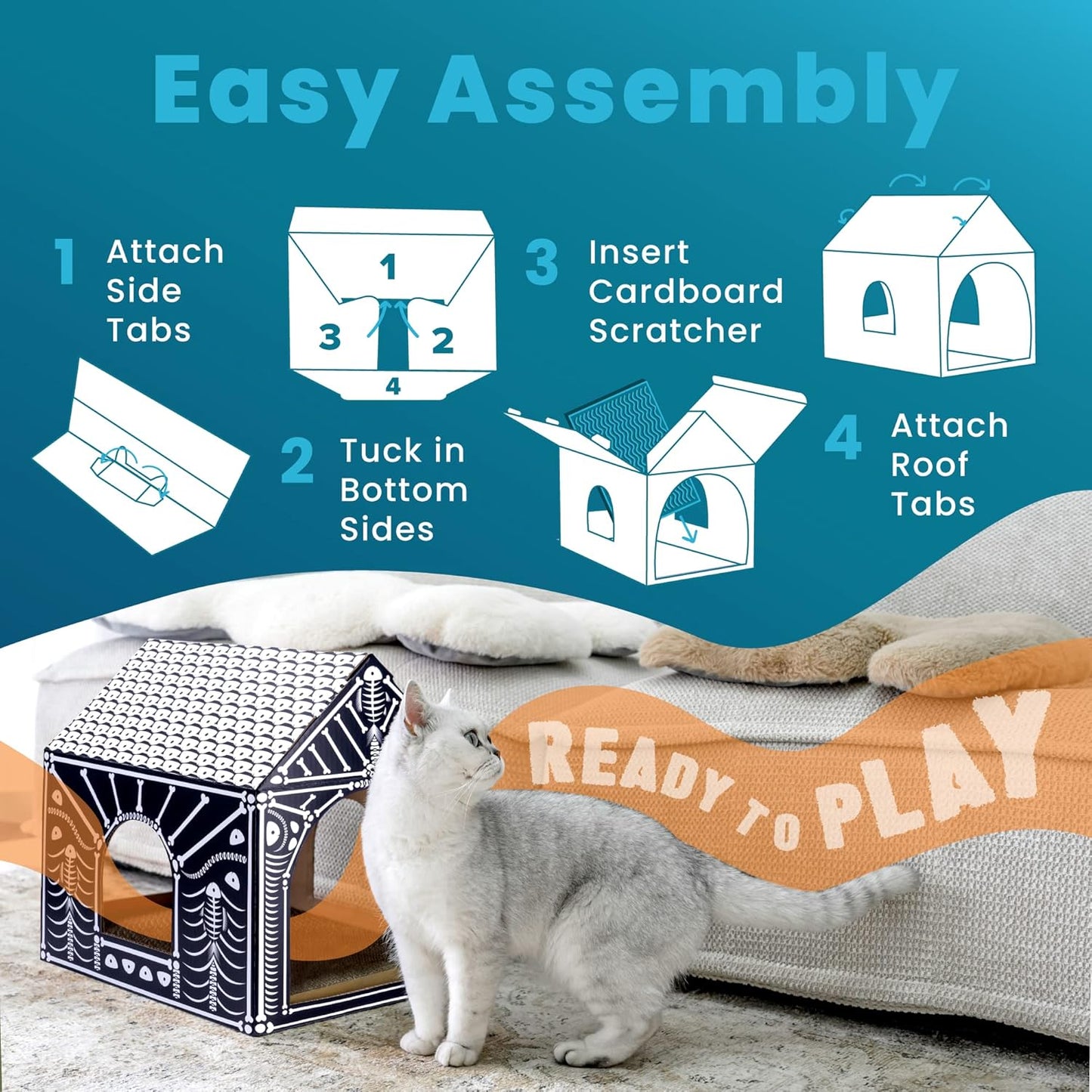 LiBa Cat House - Cardboard Cat Bed with Scratch Pad & Catnip | Indoor Cat Scratcher & Halloween Toy
