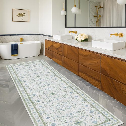 Hazo Haus Oushak Hallway Runner Rug 2'6"x8' - Vintage Floral Design, Washable & Non-Slip - Cream, Blue & Green