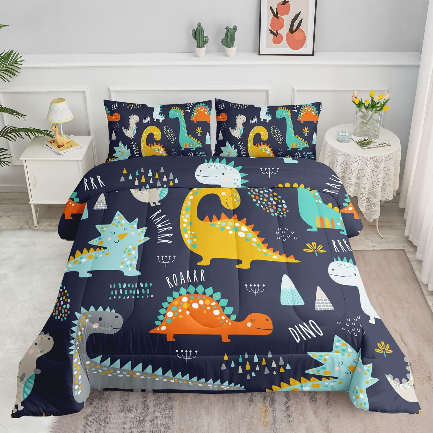 Datura home Bedding Comforter Set Kawaii Cartoon Dinosaur Printed Pattern with 1 and 2 Pillowcases for Boys Bedroom All Season(Cute Dinosaur Full) Full 80x90inches