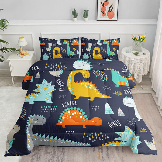 Datura home Bedding Comforter Set Kawaii Cartoon Dinosaur Printed Pattern with 1 and 2 Pillowcases for Boys Bedroom All Season(Cute Dinosaur Full) Full 80x90inches