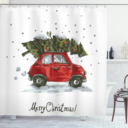 Retro Christmas Shower Curtain with Vintage Car & Tree - 69"x70" Holiday Bathroom Decor