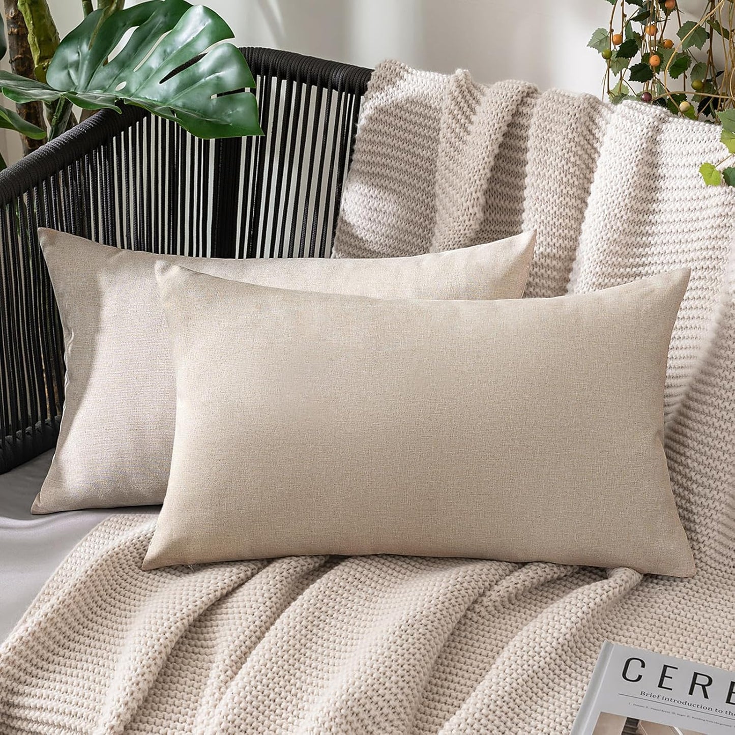 MIULEE Decorative Outdoor Throw Pillow Covers - Waterproof Faux Linen Cushion Cases | 20x12 Inch Beige (Pack of 2)