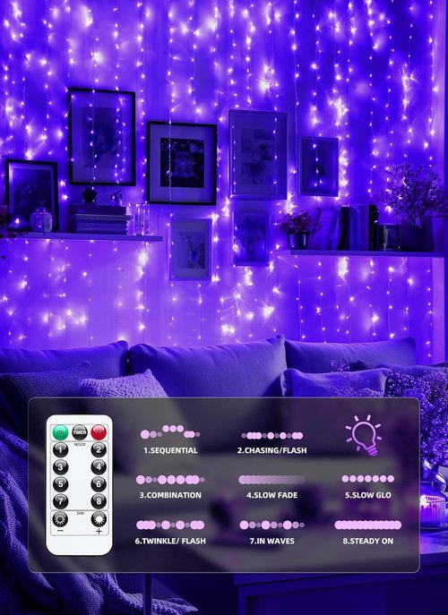Brightown 300 LED Purple Fairy Curtain Lights - 9.8ft x 9.8ft, USB Plug with 8 Lighting Modes & Remote for Indoor/Outdoor Decor