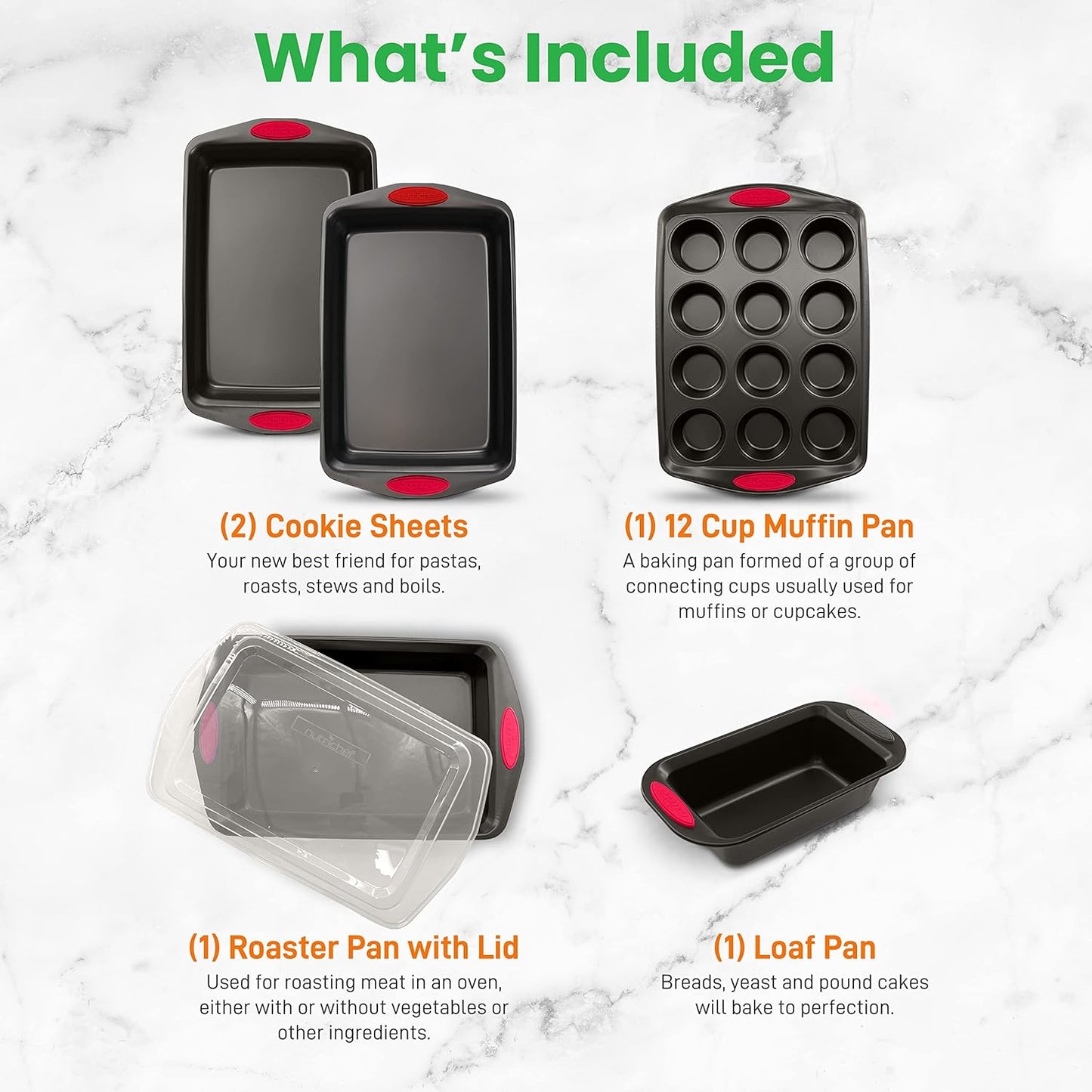 NutriChef 6-Piece Baking Pan Set - Nonstick Carbon Steel Bakeware with Red Silicone Handles | Includes Cookie Sheets, Roaster Pan, Loaf Pan & Muffin Pan (Black)