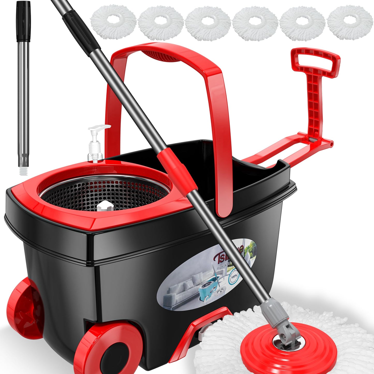FunClean 360° Spin Mop and Bucket Set with Wringer, 6 Extra Microfiber Heads, 61" Extended Handle for Effortless Floor Cleaning, 2X Wheel Design - Black