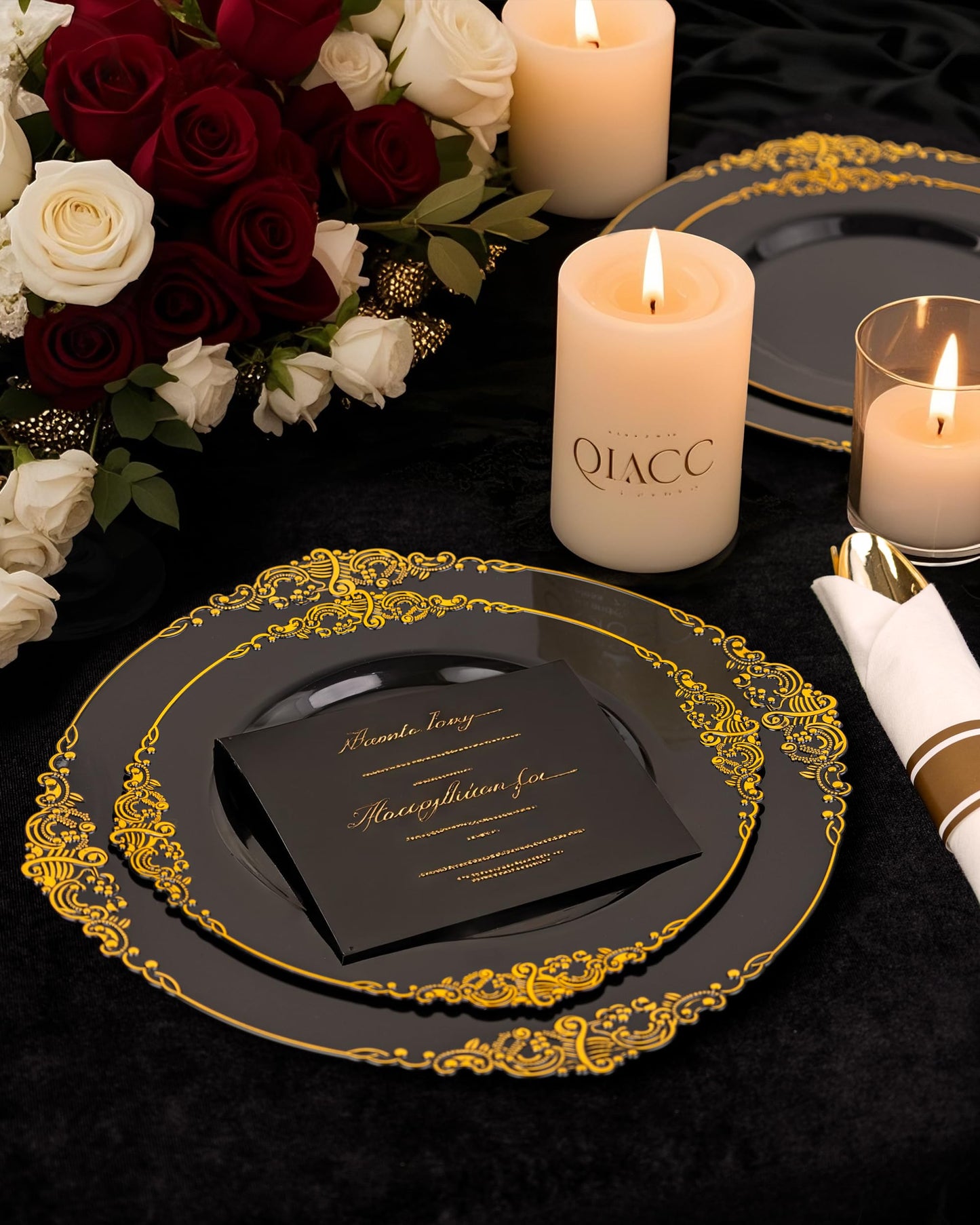 Nervure 175PCS Black Plastic Plates - Disposable Black Gold Party Plates & Pre Rolled Napkins with Cutlery for 25 Guests, 50Plates, 75Silverware, 25Cups, 25Napkin for Wedding & Party