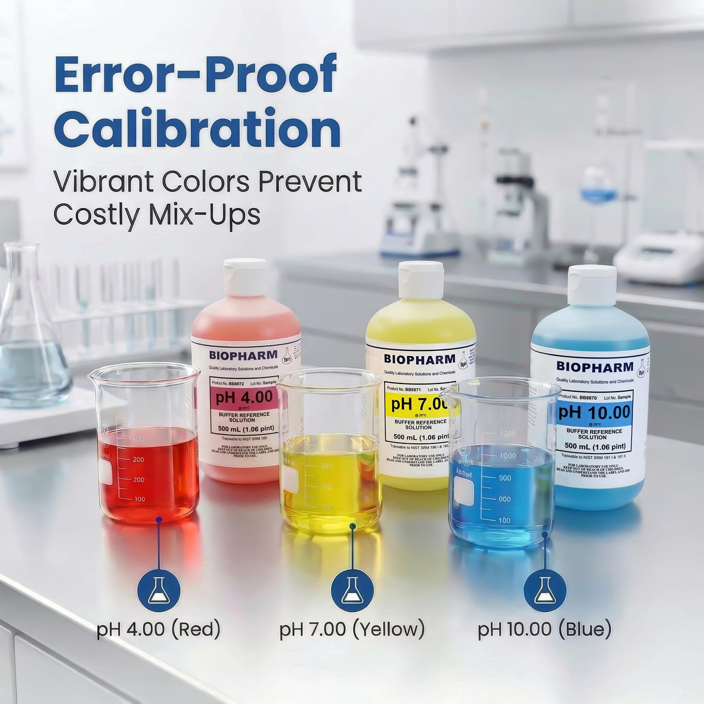 pH Buffer Calibration Solution Kit 3-Pack: pH 4.00, pH 7.00, pH 10.00 Buffers — 250 ml (8.4 fl oz) Each — Color Coded — NIST Traceable for All pH Meters