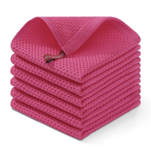 Homaxy 100% Cotton Waffle Weave Kitchen Dish Cloths, Ultra Soft Absorbent Quick Drying Dish Towels, 12 x 12 Inches, 6-Pack, Hot Pink
