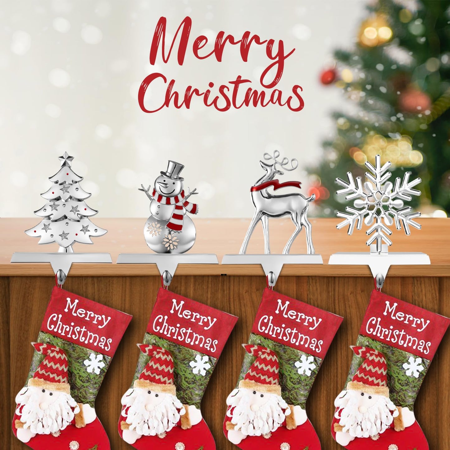 GUOER 4 Pack Snowflake Christmas Stocking Holder Set for Mantle Christmas Decorations Holiday Mantle Fireplace Topper - Snowflake Snowman Reindeer and Christmas Tree Hangers Decorative Metal Hanger