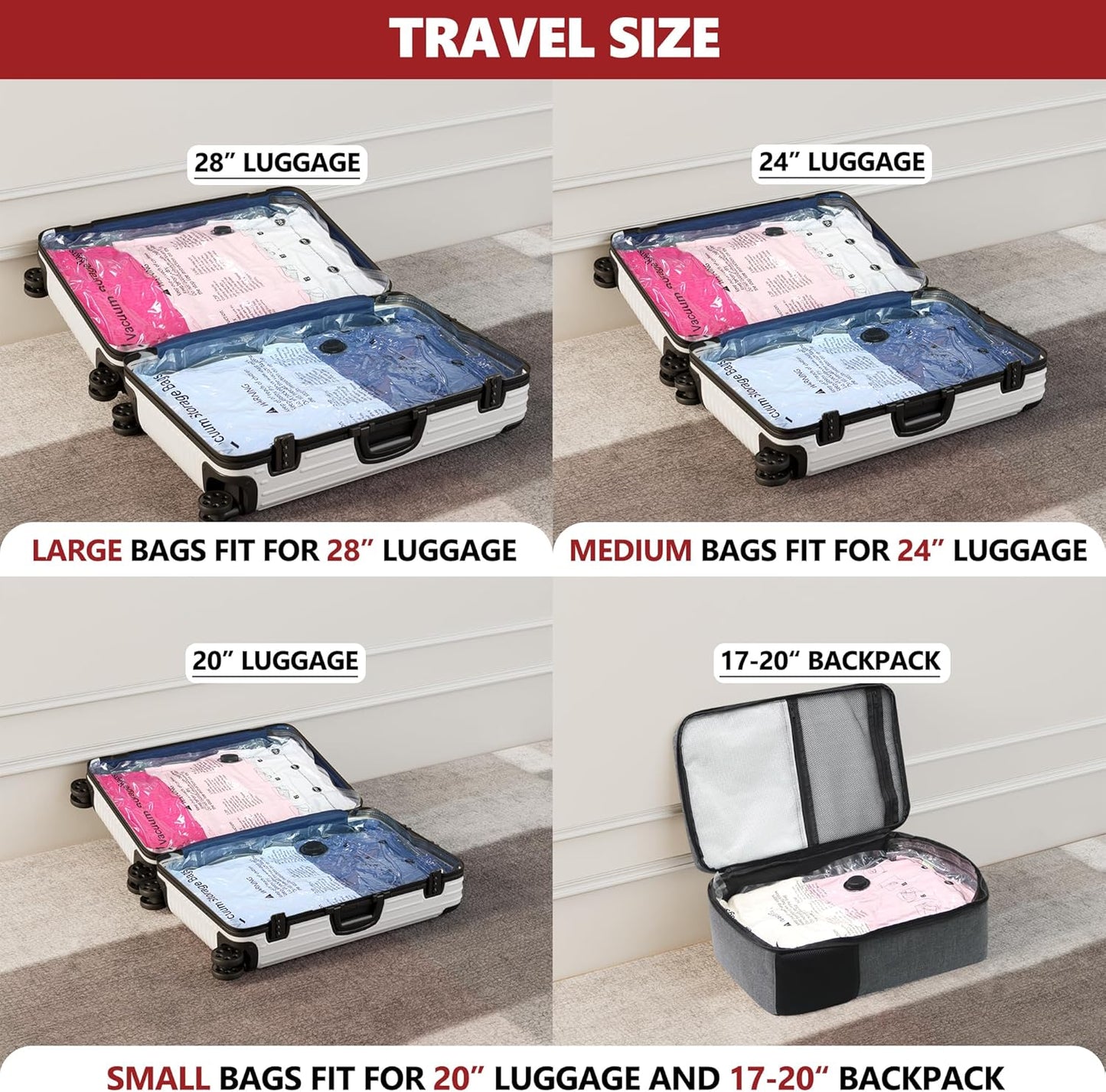Skiennix Vacuum Bags - Travel Compression Packing Bags with Rechargeable Pump | 12 Combo Set (4L/4M/4S) for Clothes Storage