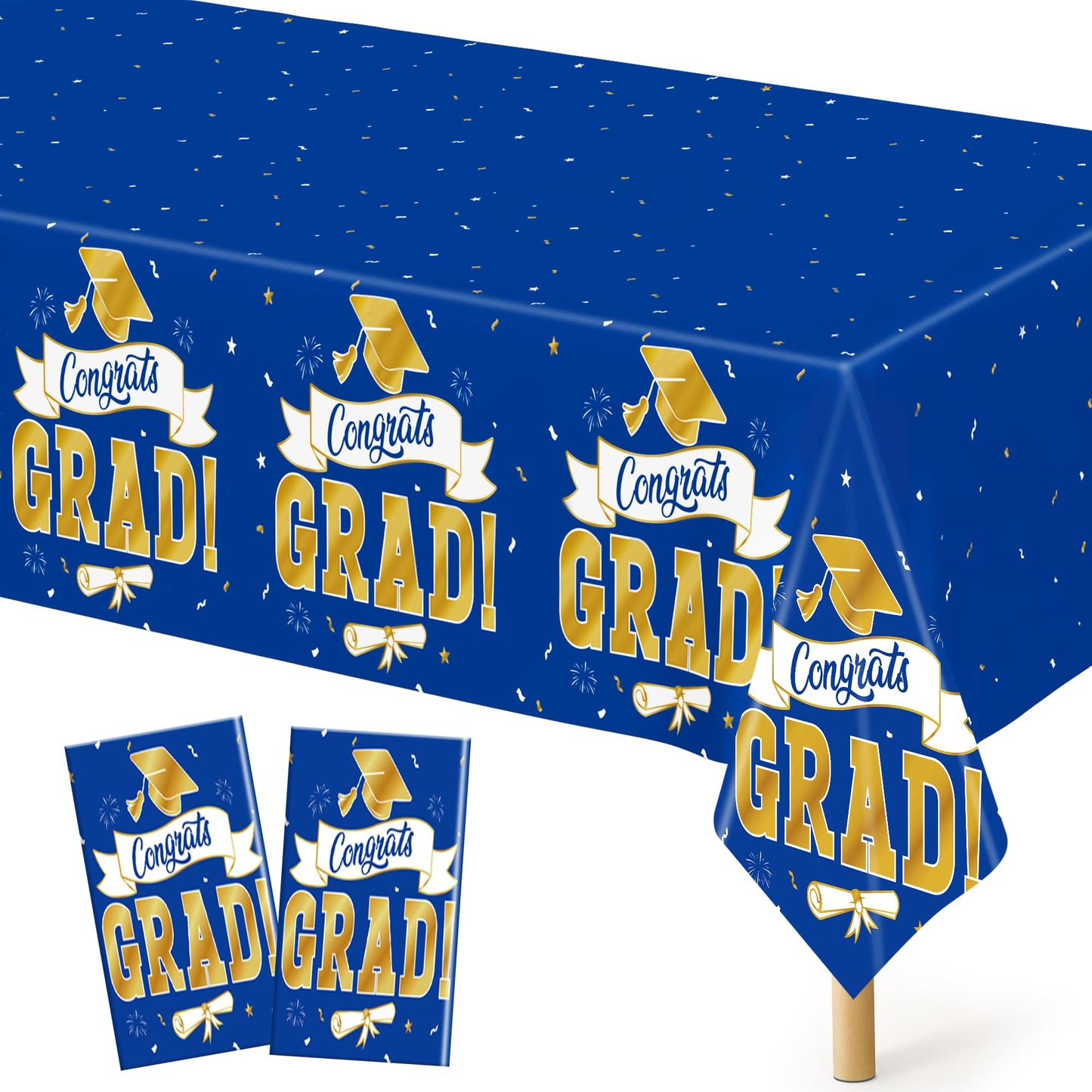 QZYL 2Pack 2026 Graduation Decorations, 108" X 54" Graduation Tablecloth, Bluegold Disposable Table Cloths for Grad Party Favors Supplies, Rectangle Plastic Tablecover for Class 2026 Congrats Grad