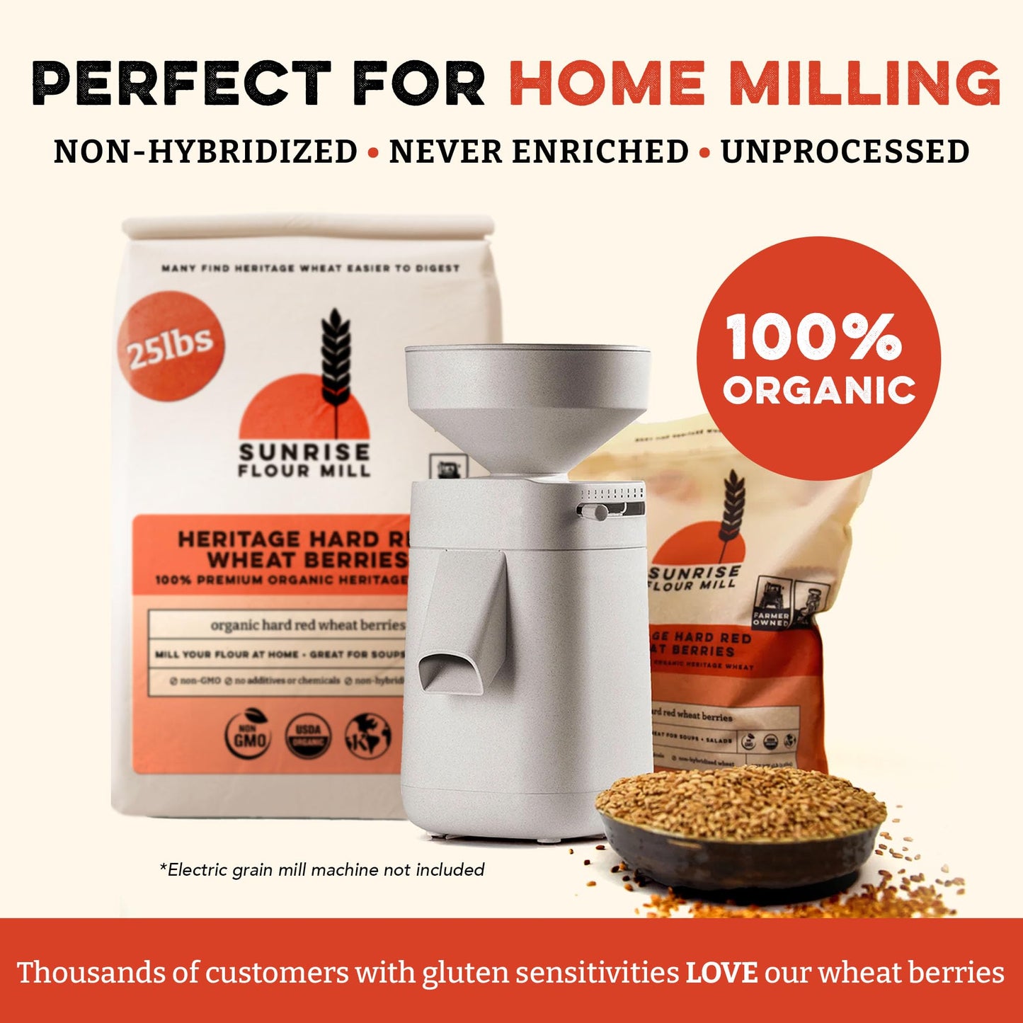 Sunrise Flour Mill Heritage Hard Red Wheat Berries (Turkey Red) (80 Ounce (Pack of 1)) Certified Organic | Non-GMO | Unprocessed | Vegan | Kosher | Shelf-stable Whole Wheat Berries Organic