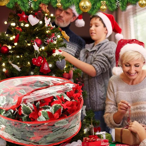 4 Pcs Christmas Wreath Storage Bag - 24 Inch Waterproof PVC Container with Clear Red Edging & Handles