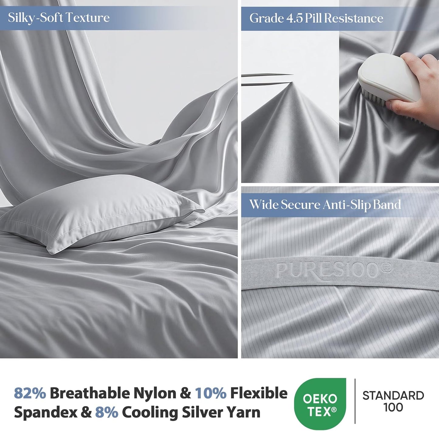 Skiennix Cooling Sheet Set - Breathable & Ultra-Soft Silver Infused Bed Sheets for Hot Sleepers | Twin XL, Gray