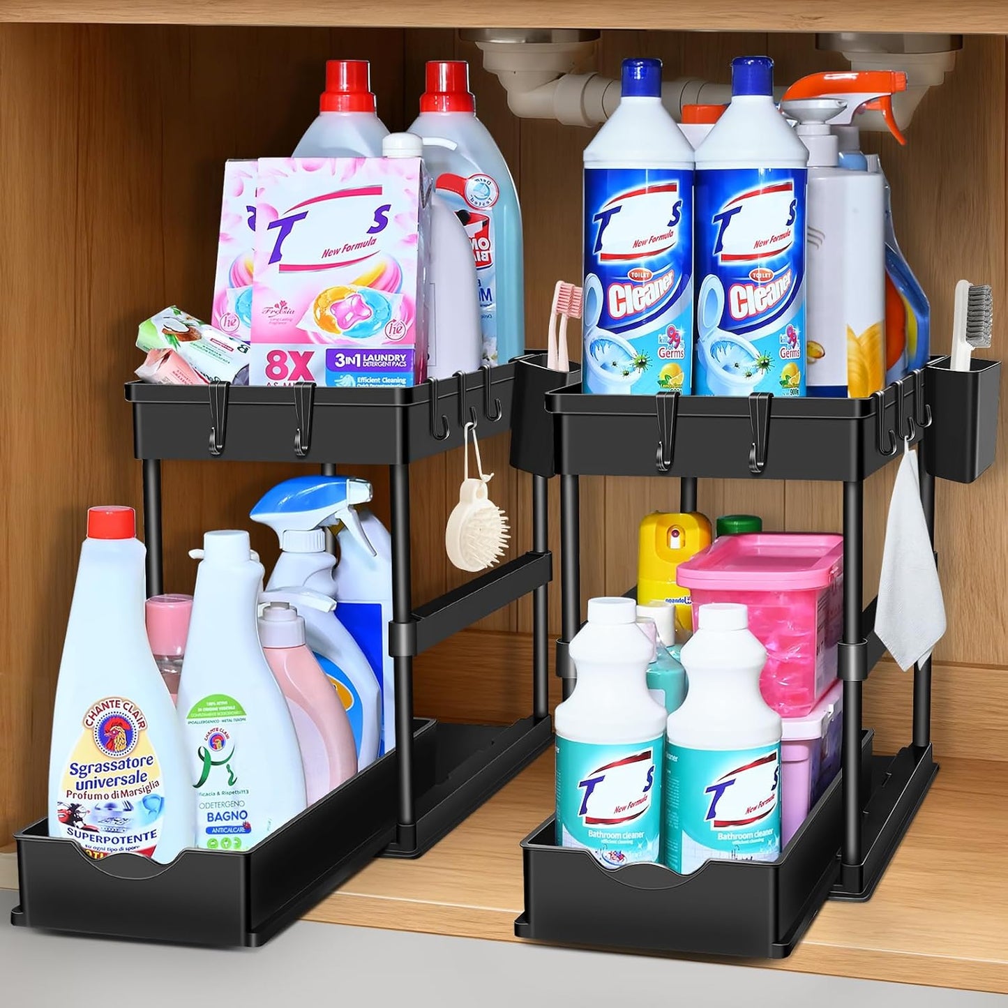 JPart Under Sink Organizer - 2-Tier Kitchen & Bathroom Storage with Sliding Drawers | Durable Design, 2 Pack