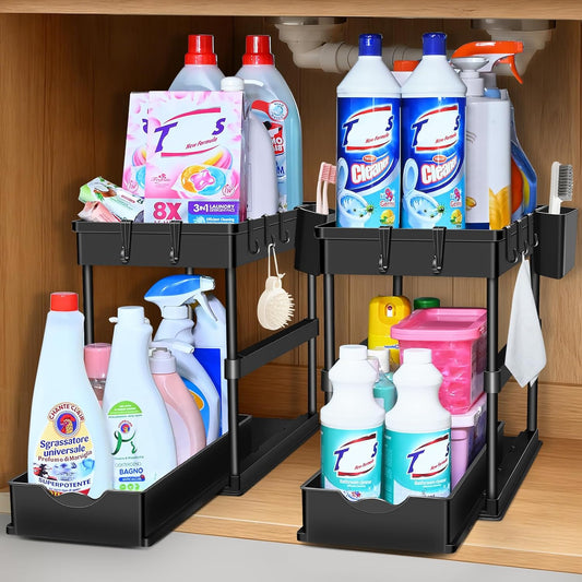 JPart Under Sink Organizer - 2-Tier Kitchen & Bathroom Storage with Sliding Drawers | Durable Design, 2 Pack