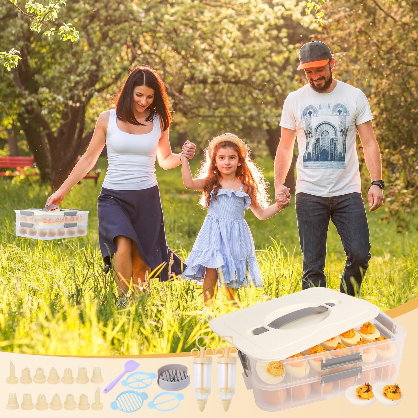 2-Layer Deviled Egg Containers With Lid,36pcs Easter Deviled Egg Tray Carrier with Handl Injector Piping Tool,Portable Stackable Egg Holder Platter Holder Organizer for Refrigerator Party Picnic Event
