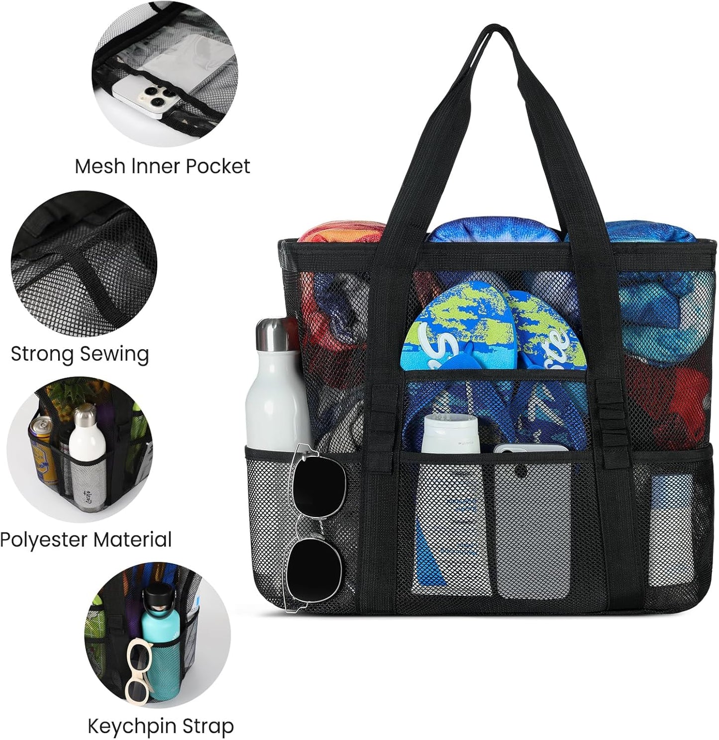 Skiennix Mesh Beach Bag - Large 8-Pocket Tote for Vacation Essentials | Stylish & Functional