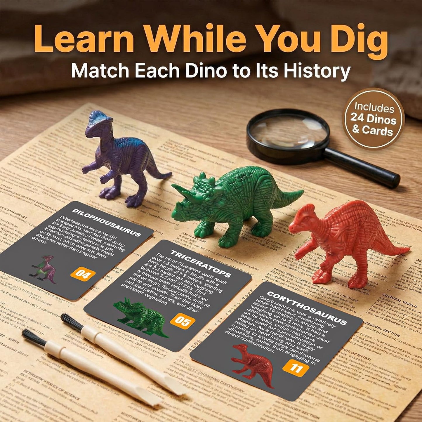 Skiennix Colorful Dinosaur Eggs Excavation Kit - STEM Learning Toy with Cards | 24 Pack for Kids Age 3+