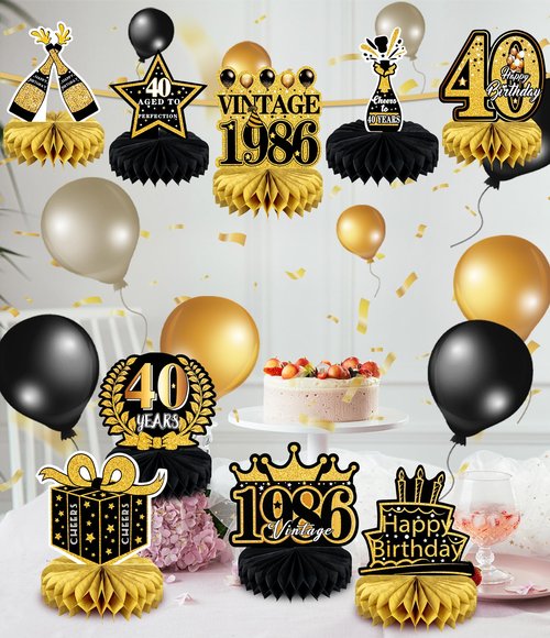 9 Pcs 40th Birthday Decoration for Men Women Happy 40th Birthday Table Decorations Cheers to 40th Honeycomb Centerpieces Birthday Party Decorations Black and Gold 40th Birthday Party Favors