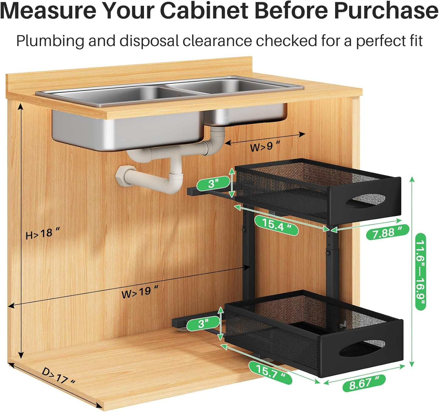 Skiennix Under Sink Organizer - 2 Pack 2 Tier Pull-Out Cabinet Baskets with Mesh Drawers | Black