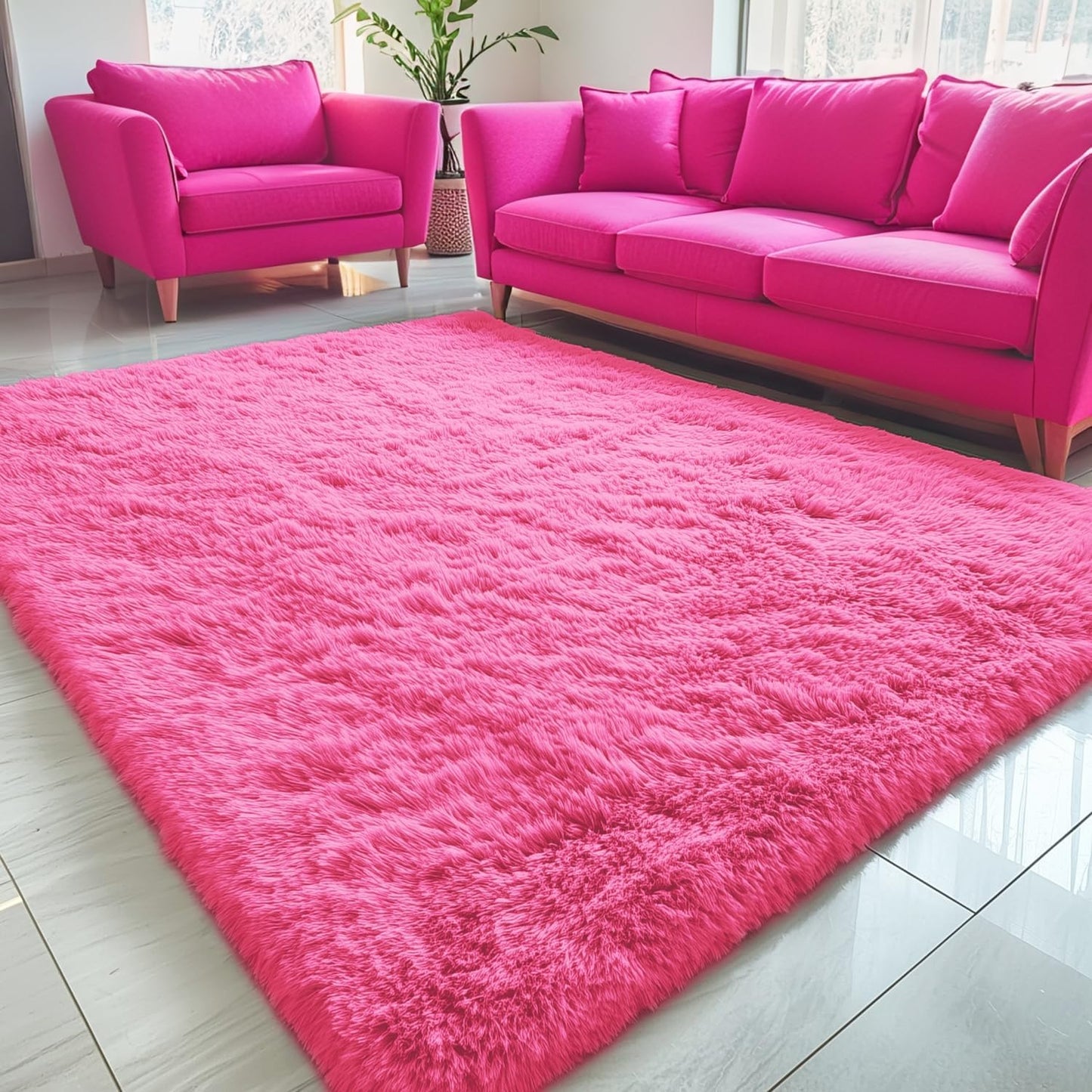 OLANLY Large 5x7 Machine Washable Area Rug - Soft Fluffy Shaggy Carpet for Kids & Home Decor | Hot Pink
