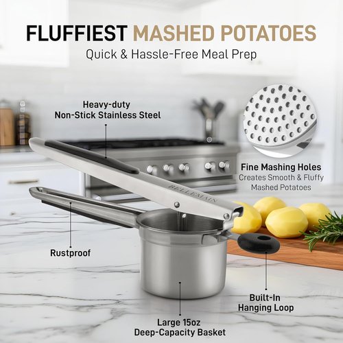 Bellemain Potato Ricer - Heavy Duty Stainless Steel Masher for Smooth Mashed Potatoes & Baby Food | 15oz