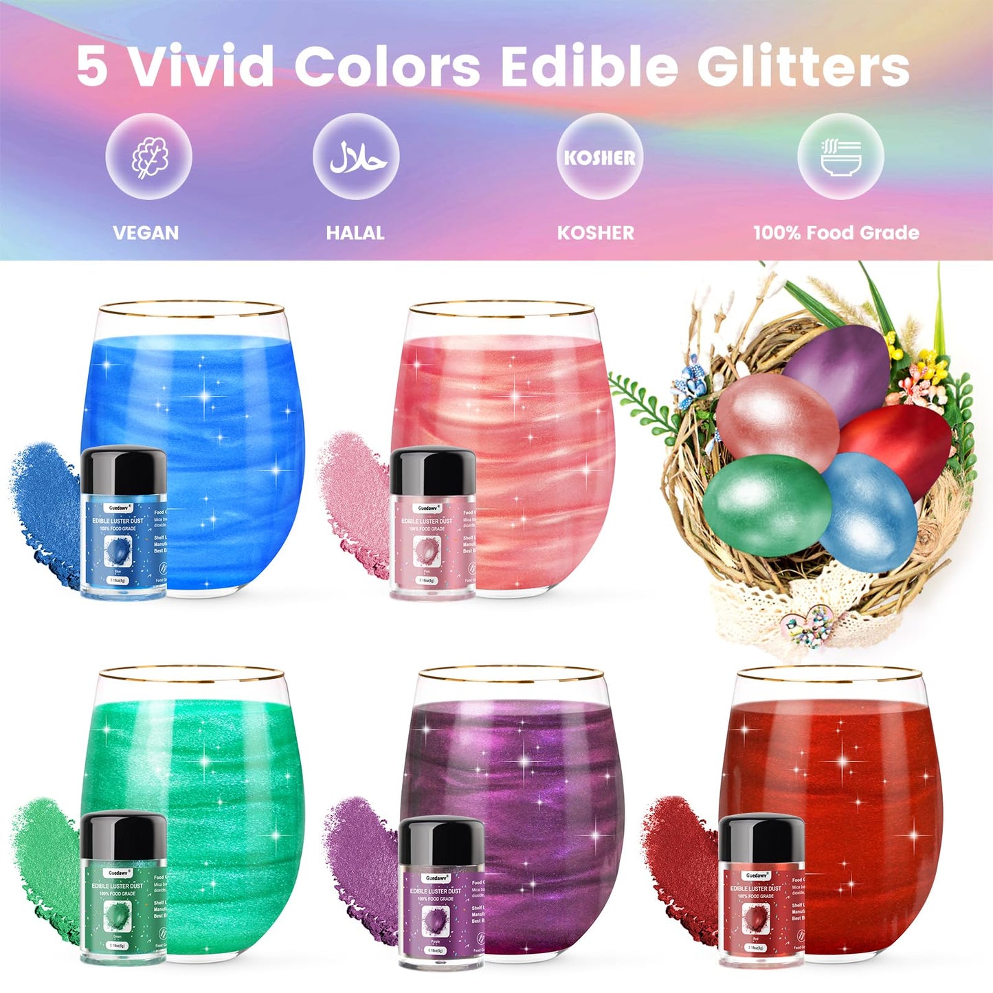 5 Colors Edible Glitter Set, Food Grade Edible Glitter for Drinks, Flavorless Luster Dust Shimmer Powder for Baking, Cakes, Cocktails, Beverages, Strawberries, Cookies, Candies, Fondant (5g/Bottle)