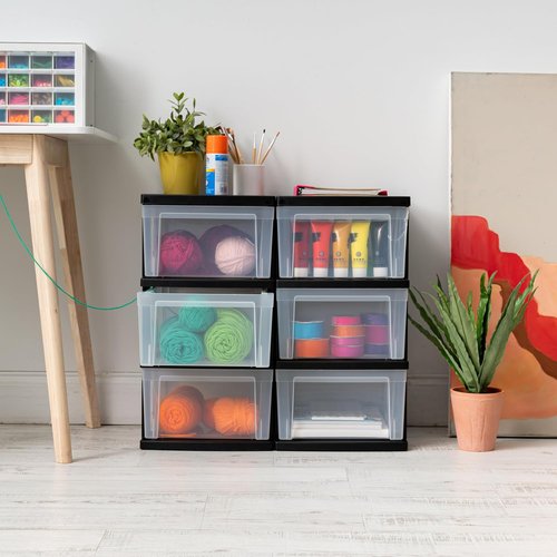 IRIS USA Plastic Drawer Organizer - 3-Drawer Storage Solution for Art Supplies & More | Black/Clear, 2-Pack