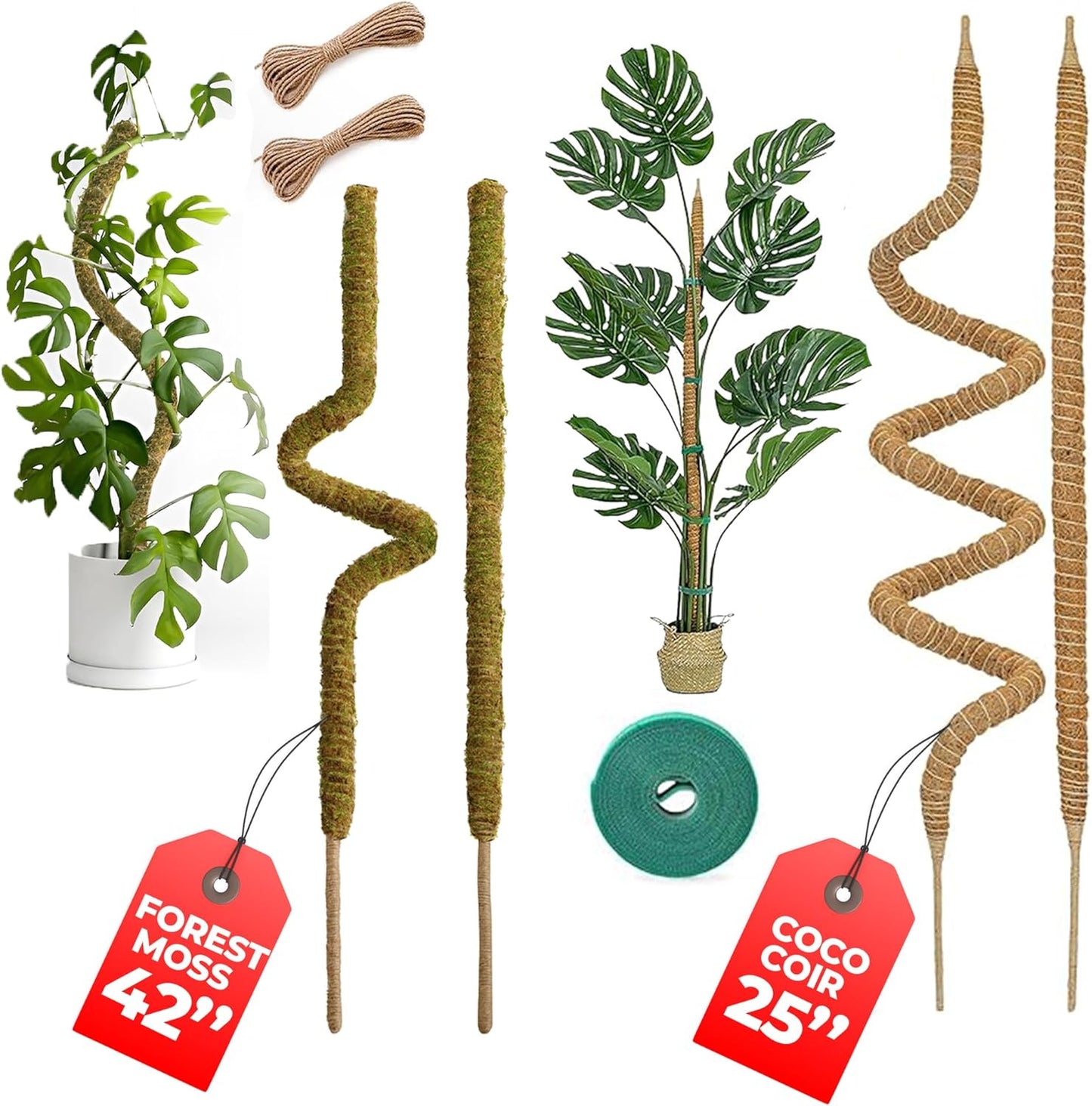 K-Brands Coco Coir Moss Poles - 4 Pack Plant Support for Climbing Monstera - 2 x 42'' & 2 x 25''