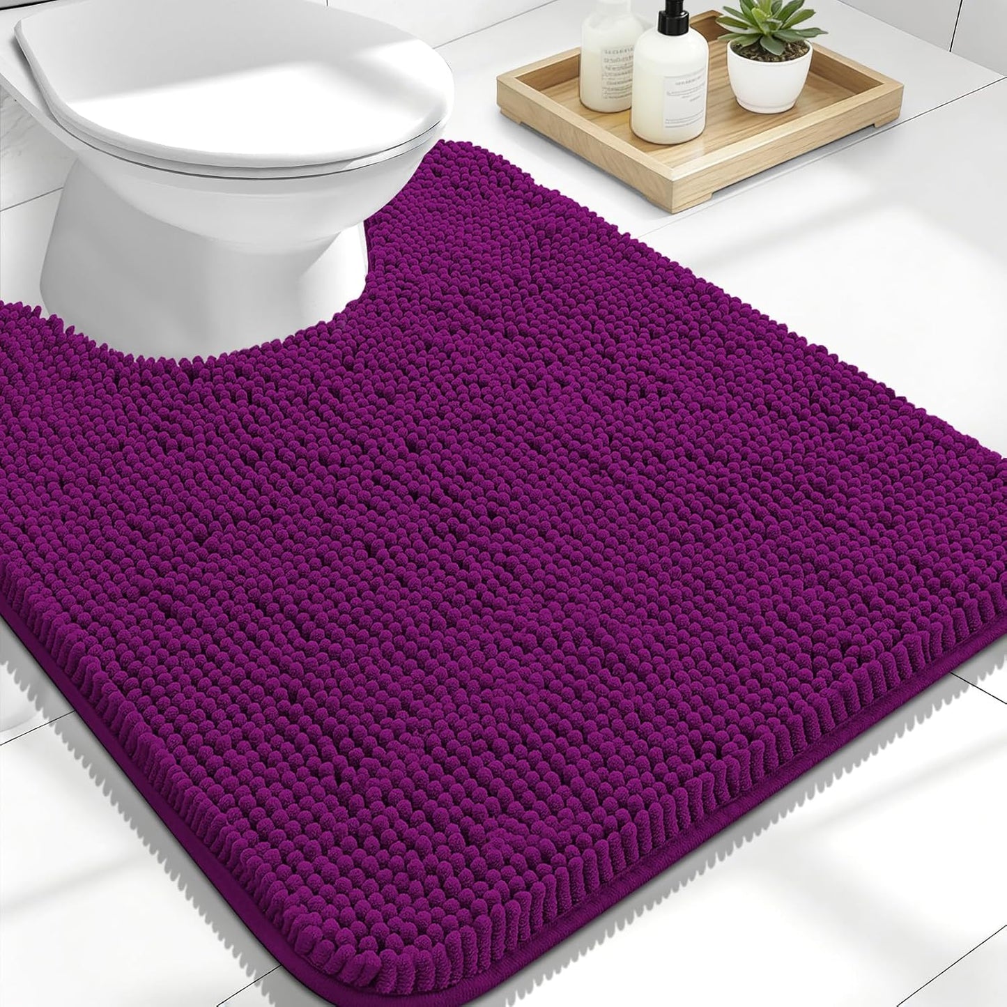 OLANLY U-Shaped Toilet Rug - Extra Soft, Absorbent Chenille Bath Mat | 24x20, Quick-Dry, Non-Slip, Purple