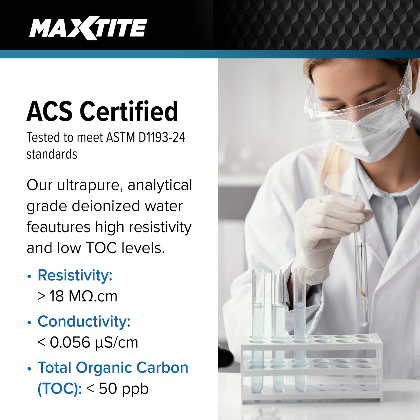 MAXTITE Type I Deionized Water Ultrapure Analytical Grade (1 Gallon) - ASTM/ACS Certified