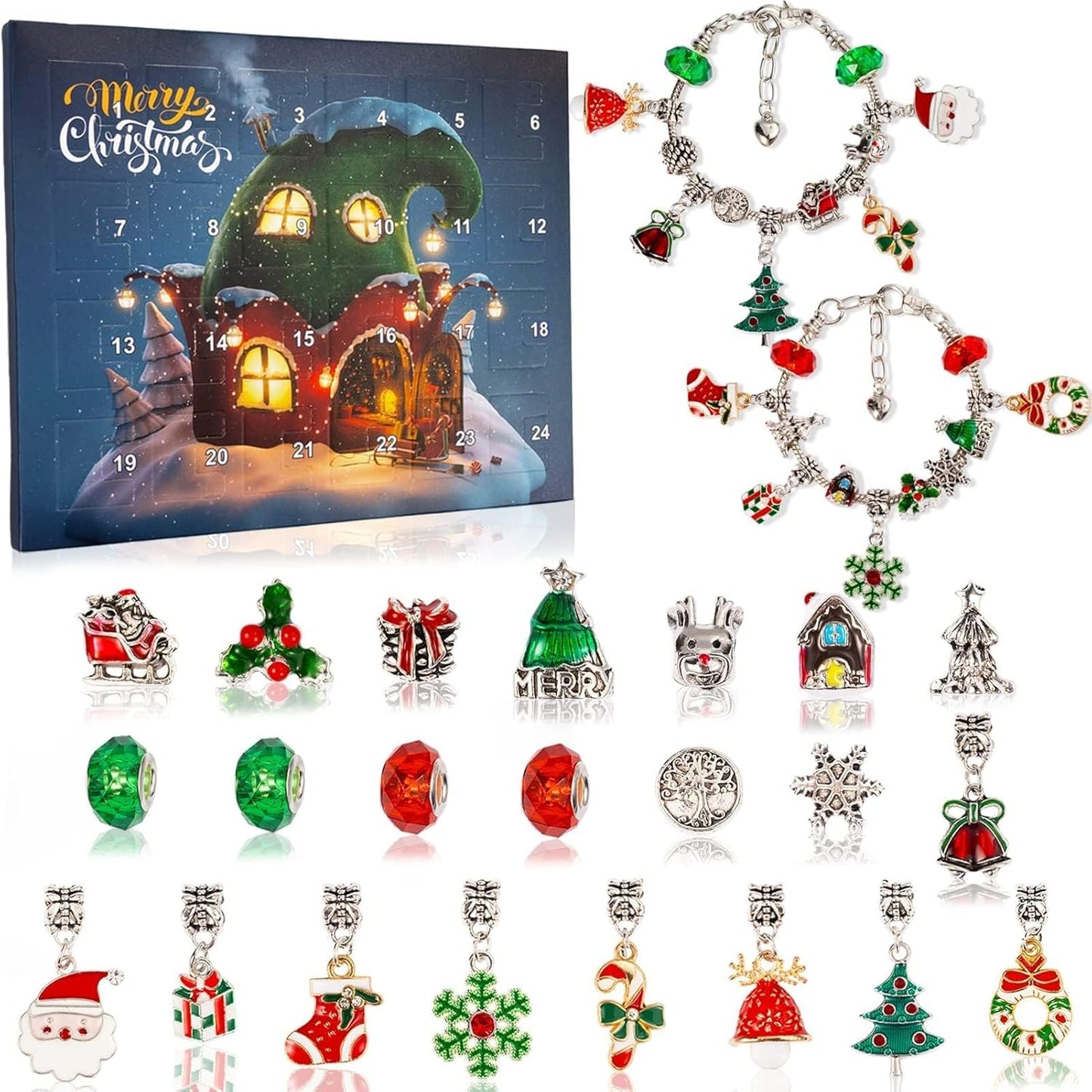 Skiennix Christmas Advent Calendar Bracelets - 24-Day DIY Jewelry Kit with 22 Charms & 2 Bracelets for Girls & Teens