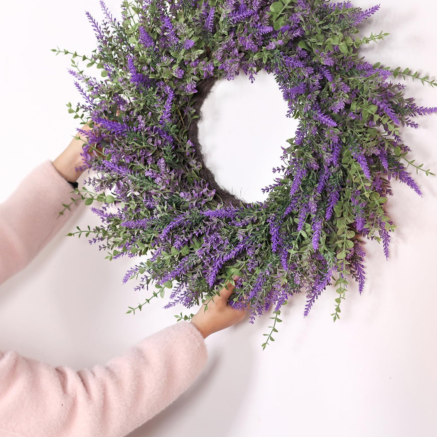 26'' Large Eucalyptus and Lavender Wreath for Front Door, Porch, Window- Artificial Eucalyptus Leaves with Lavender Wreath for Home, Farmhouse Wall Decor- Spring, Summer, Fall, All Seasons (Purple)