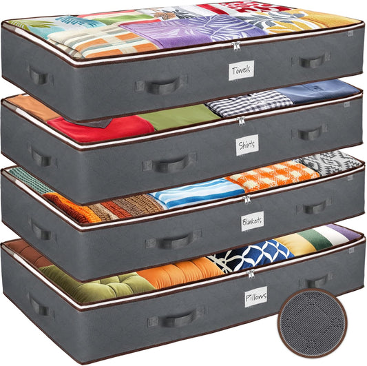 Under Bed Storage Bins - Pack of 4 Durable Containers for Clothes & Shoes | Clear Top & Dual Zippers