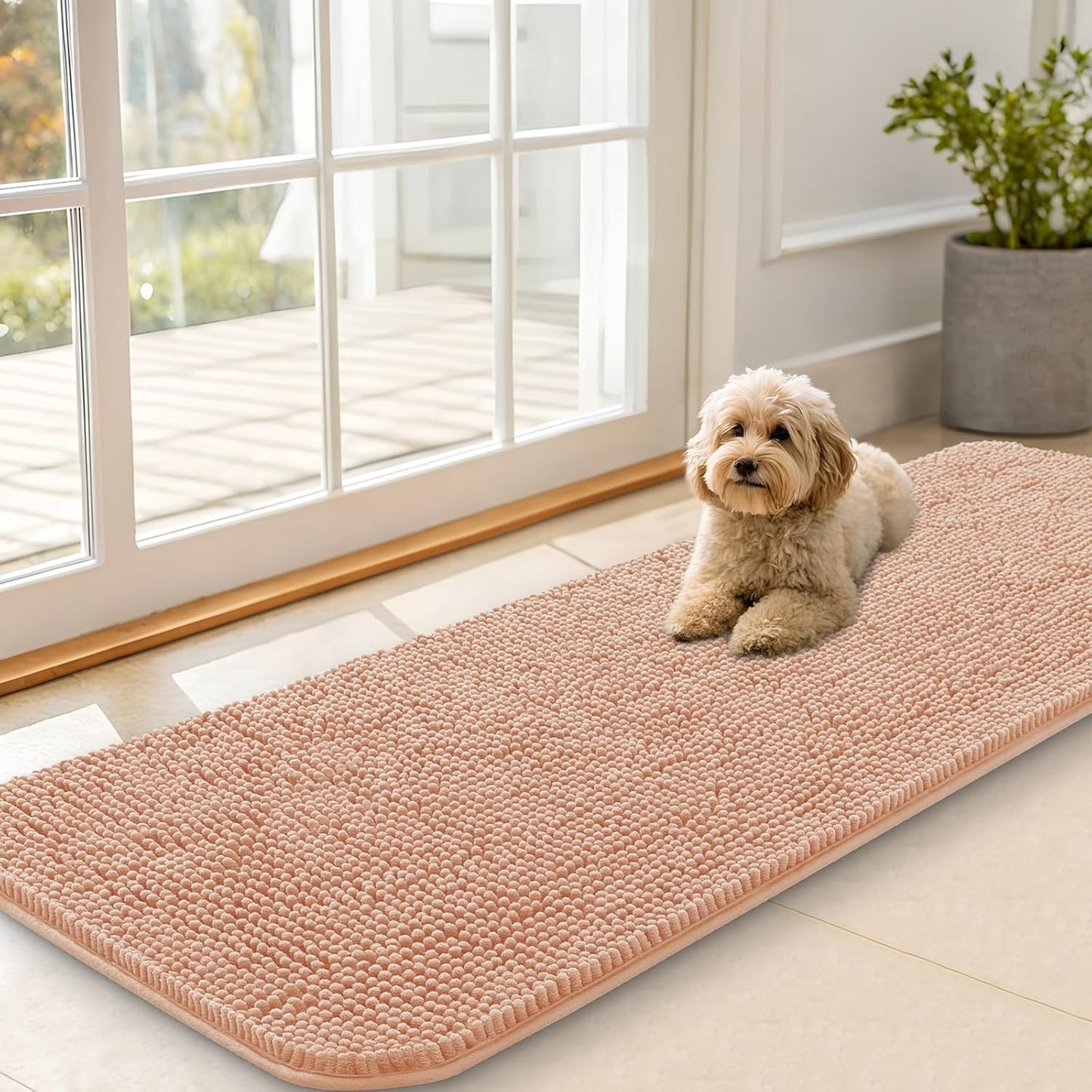 OLANLY Dog Door Mat - Absorbent Non-Slip Chenille Mat for Muddy Paws | 59x20 Inches, Quick Dry, Peach